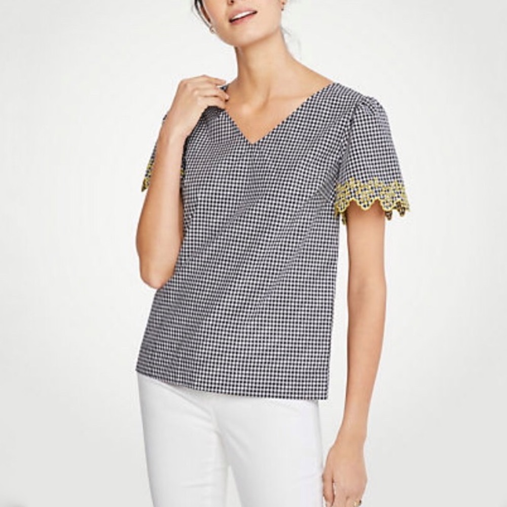 NWT ANN TAYLOR Gingham eyelet embroidered Top